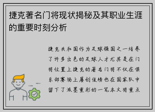 捷克著名门将现状揭秘及其职业生涯的重要时刻分析