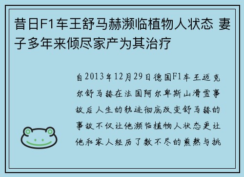 昔日F1车王舒马赫濒临植物人状态 妻子多年来倾尽家产为其治疗