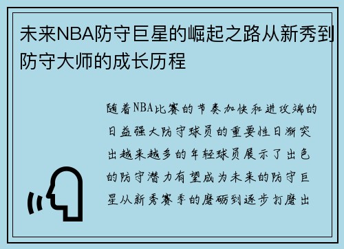 未来NBA防守巨星的崛起之路从新秀到防守大师的成长历程
