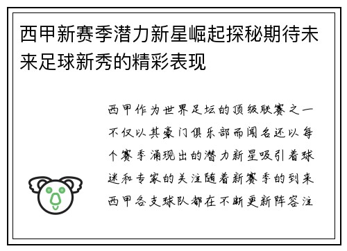 西甲新赛季潜力新星崛起探秘期待未来足球新秀的精彩表现