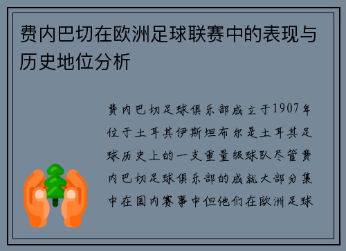 费内巴切在欧洲足球联赛中的表现与历史地位分析 费内巴切在欧洲足球联赛中的表现与历史地位分析